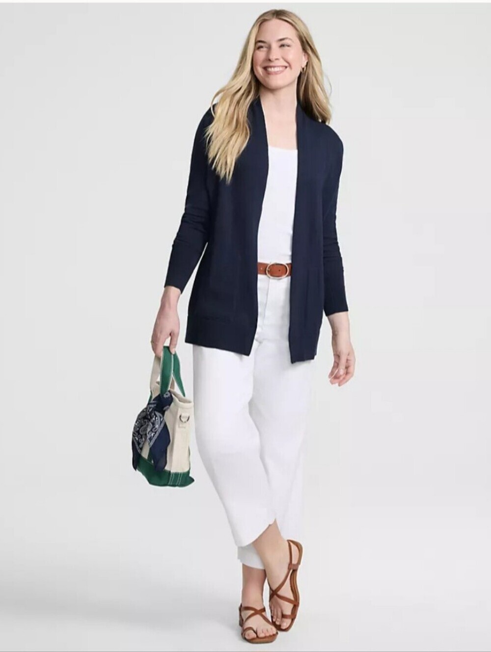 Lands' End Wool Navy Blue Open Long Ribbed Knit Cardigan Classic Nautical Medium